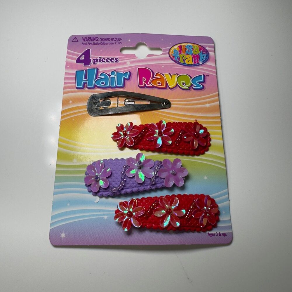 Lisa Frank Hair Raves 4 Pc Barrettes Accessory Set Sequin Flower Hair Snaps NEW